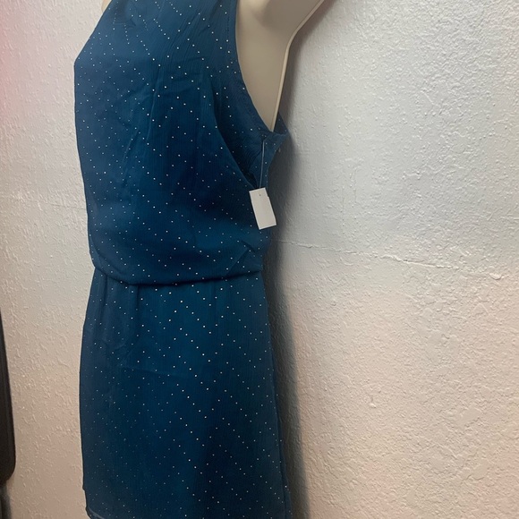 Ambiance Women's Dress Sheer Layer Cinch Waist Sleeveless Short Teal Gold - Picture 4 of 8